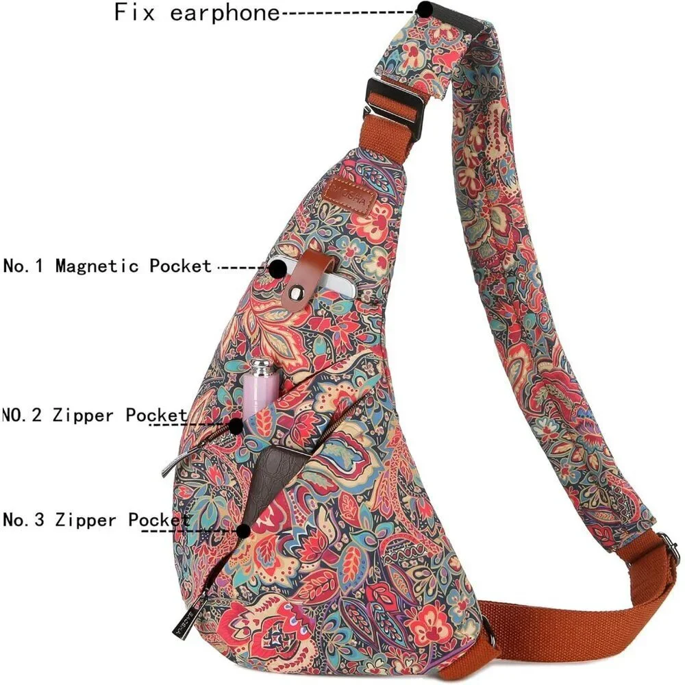 Women's Floral Polyester Crossbody Sling Bag Compact Lightweight Multi-Pocket